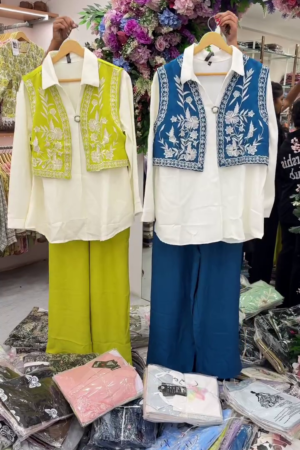 Embroidered Sleeveless Vest Set with White Shirt & Matching Wide-Leg Trousers – Modern Power Dressing Redefined
