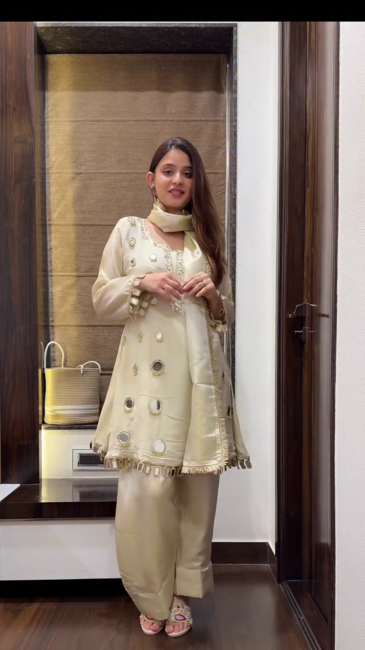 ✨ Boho Farsi Mirror Work Tissue Shimmer Suit – Sparkle in Elegance ✨