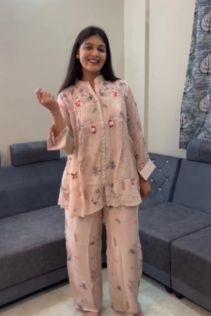 🌸 Powder Pink Embroidered Chanderi Co-ord Set – Elegant Set of 2 🌸