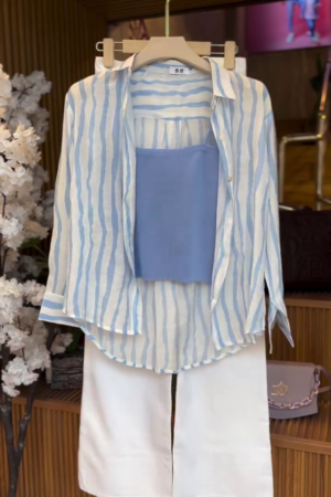 💙 Effortless Chic: Blue & White Striped Shirt Co-ord Ensemble 💙