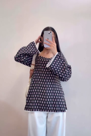 🌸 Cotton Square Neck Lace Detailing Bell Sleeve Short Kurti – Grace in Every Thread 🌸