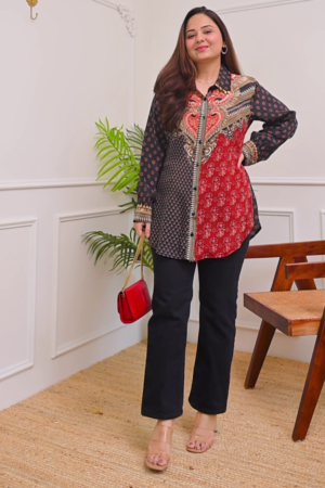🔴🖤 Bold & Elegant: Crimson & Coal Ajrakh Muslin Silk Shirt