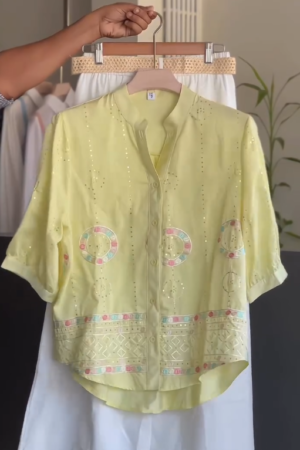 Fresh Summer Elegance: Pastel Embroidered Shirt with Classic White Pants