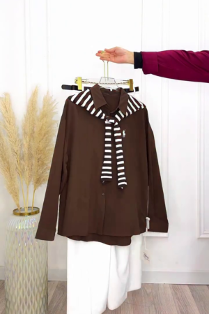 ✨ Classic Chic – Brown Long-Sleeved Button-Up Shirt with White Trousers & Bag ✨