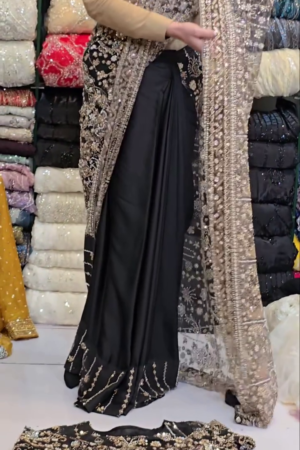 Midnight Glamour: Black Designer Saree with Intricate Embroidery and Sheer Sequin Drape