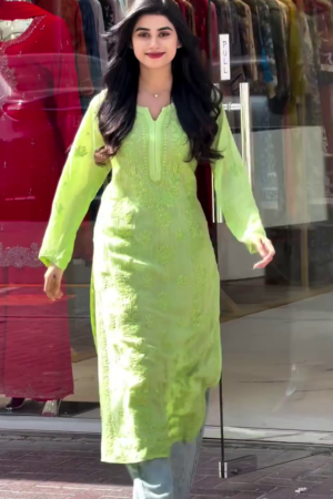 Timeless Elegance: Green Chikankari Embroidered Long Kurti with Pants