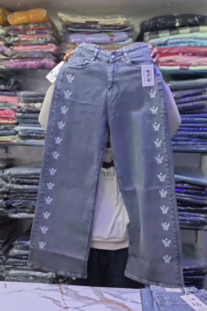 Playful Chic: KIA Wide-Leg Blue Denim Jeans with Butterfly Embellishments