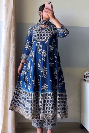Elegant Navy Blue Cotton Angrakha Kurta Set with Handcrafted Floral Prints – Ethnic Charm Meets Comfort