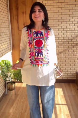 Chic White Tunic Top with Vibrant Handcrafted Embroidery – Effortless Style Meets Artistic Flair