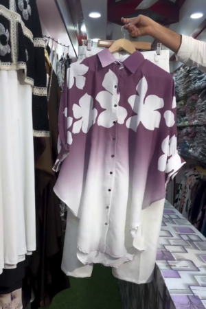 Purple & White Floral Print Button-Down Tunic Co-Ord Set – Elegant Two-Piece Style