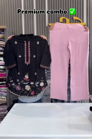 Dark Green Tunic with Pink Floral Embroidery & White Trousers – Elegant Ethnic Co-Ord Set