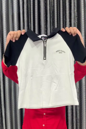 Chic Contrast Cropped Polo T-Shirt with Front Zipper – Sporty Meets Street-Style Elegance ⚡🖤🤍