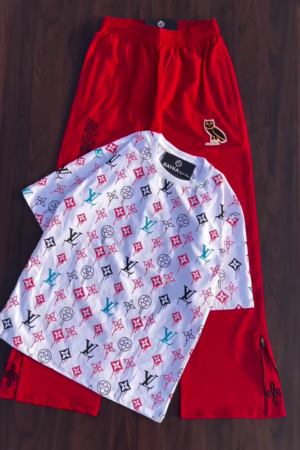 Casual & Cool: Graphic T-Shirt with Red Joggers Combo Set 🔴👕