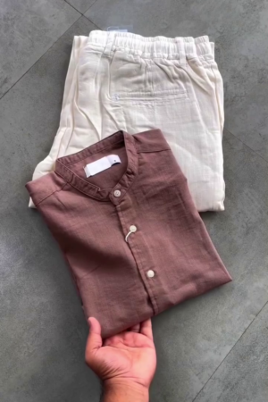 Elegant Men’s Linen Co-ord Set – Premium  Mandarin Collar Shirt with White Trousers