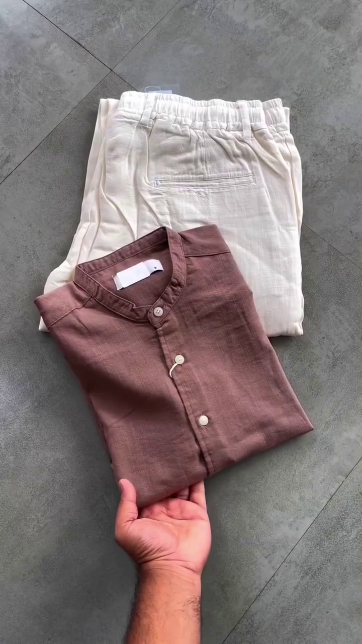 Elegant Men’s Linen Co-ord Set – Premium Mandarin Collar Shirt with White Trousers