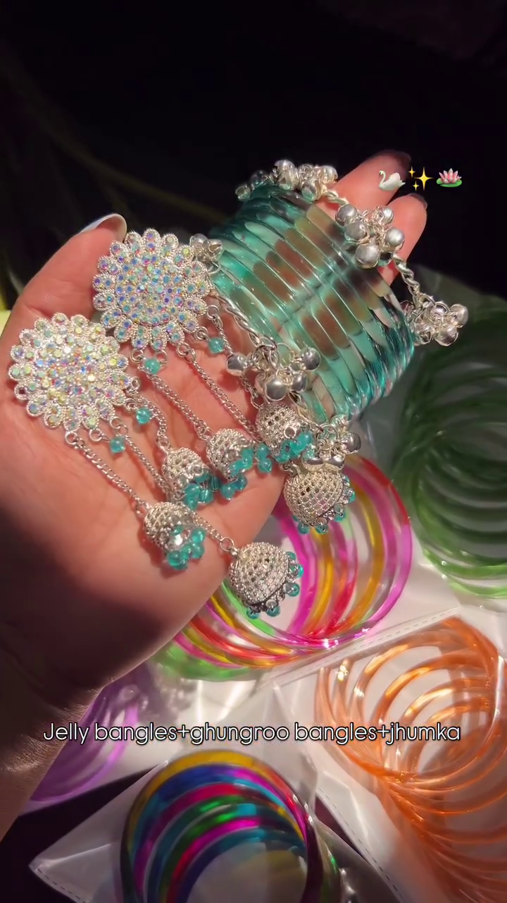 Pastel Jelly Bangles with Jhumka Earrings – Trendy Ethnic Jewelry Set - Image 2