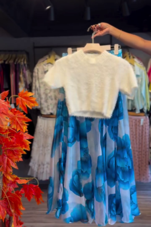 Blue Floral Flared Maxi Skirt – Elegant Feminine Party Wear