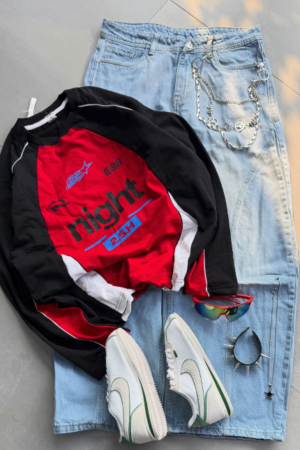 Sporty Graphic Sweatshirt & Denim Set – Trendy Streetwear Combo