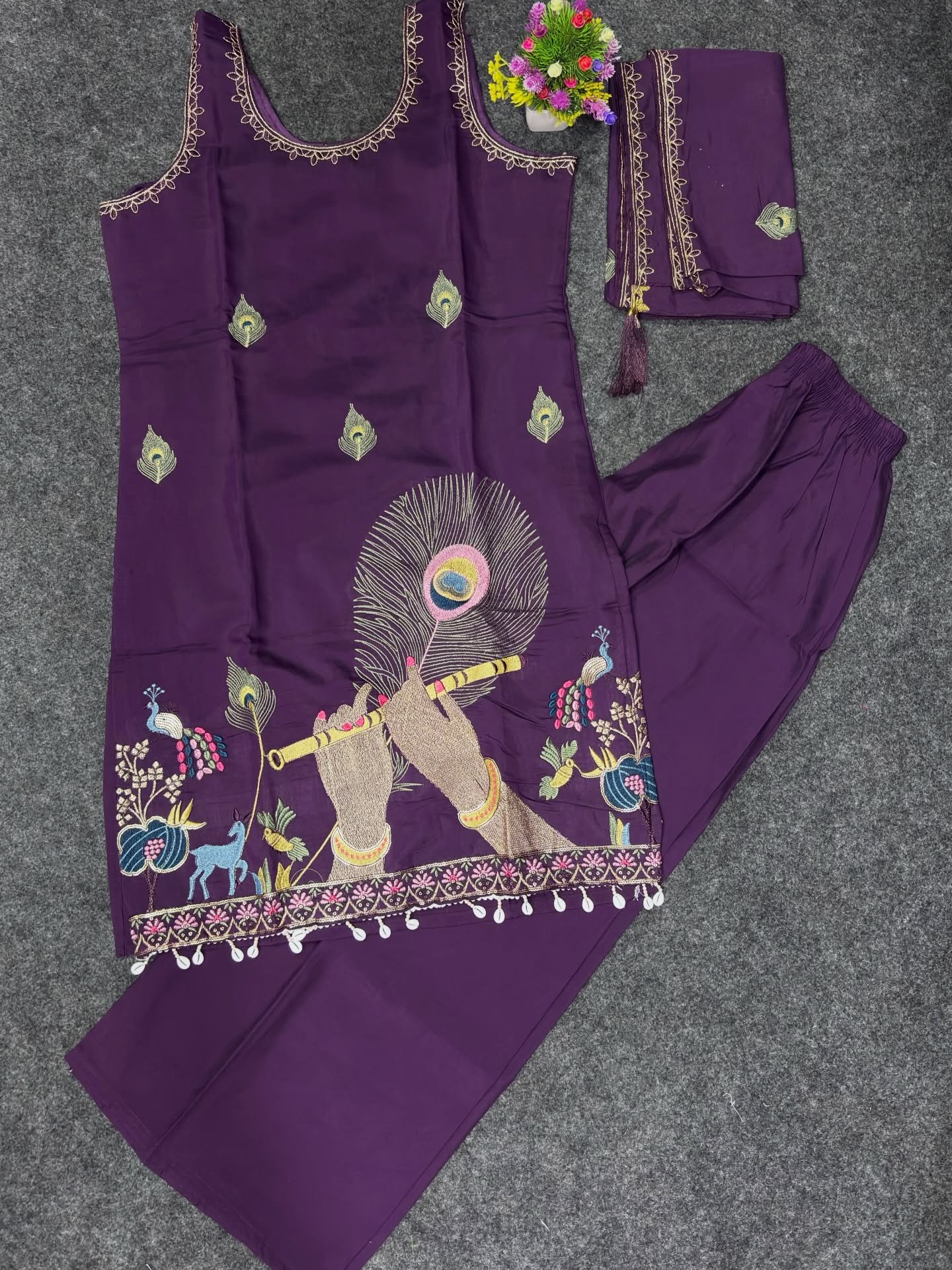 Elegant Embroidered Kurta Set with Peacock & Flute Design - Image 2