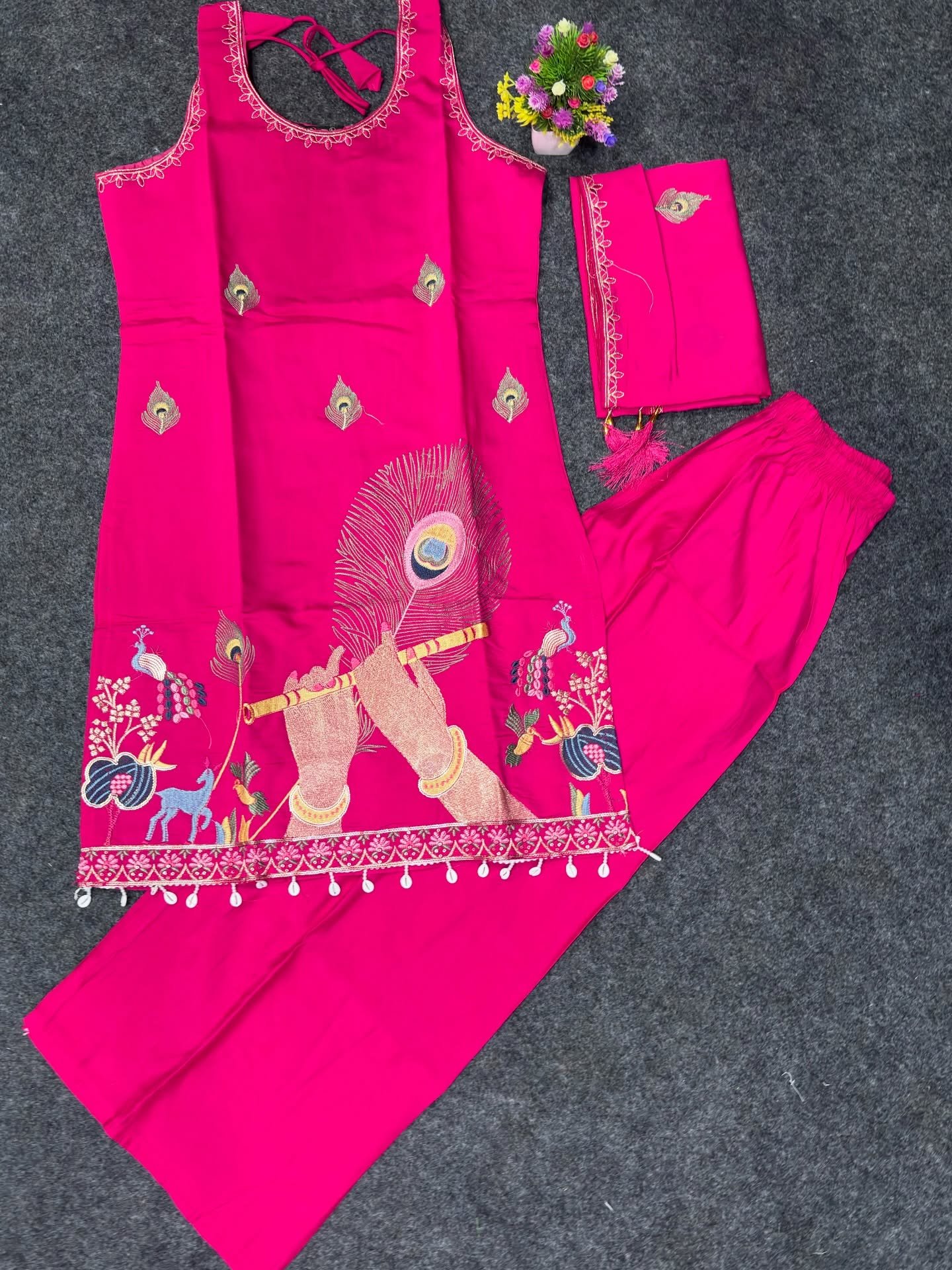Elegant Embroidered Kurta Set with Peacock & Flute Design - Image 3