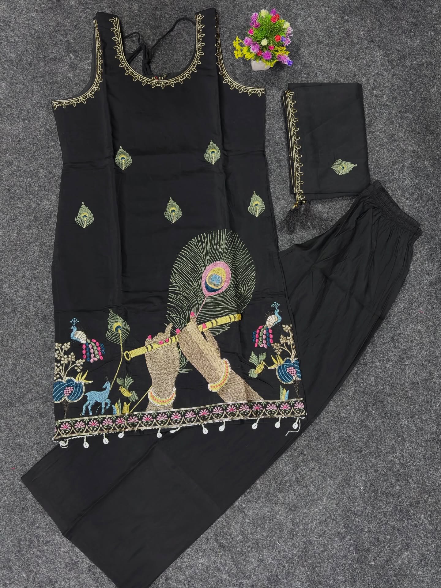 Elegant Embroidered Kurta Set with Peacock & Flute Design - Image 4