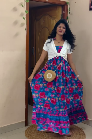 Effortlessly Stylish Summer Look with This Floral Maxi Dress and Chic Layered White Shrug Combo