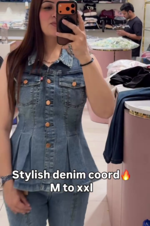 Stylish Denim Co-ord Set for Women – Trendy Sleeveless Peplum Top with Flared Jeans