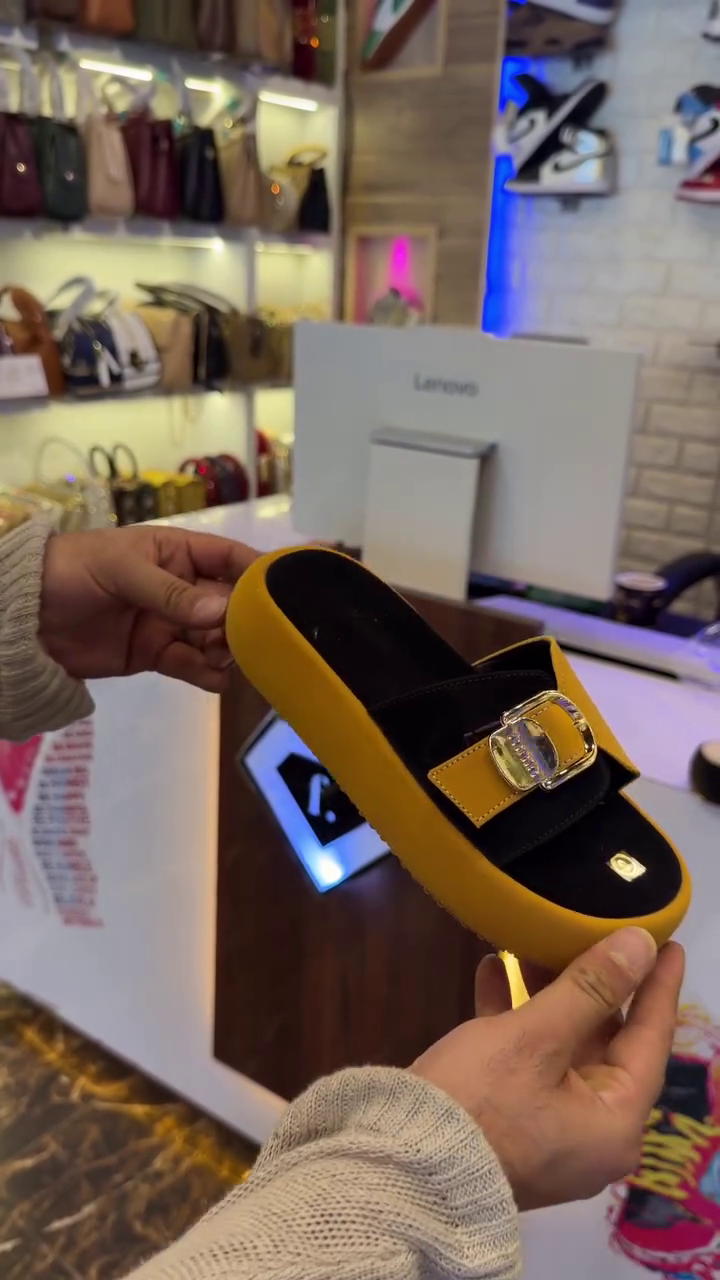 Premium Stylish Slides – Trendy Black & Mustard Comfort Slippers with Gold Buckle - Image 6