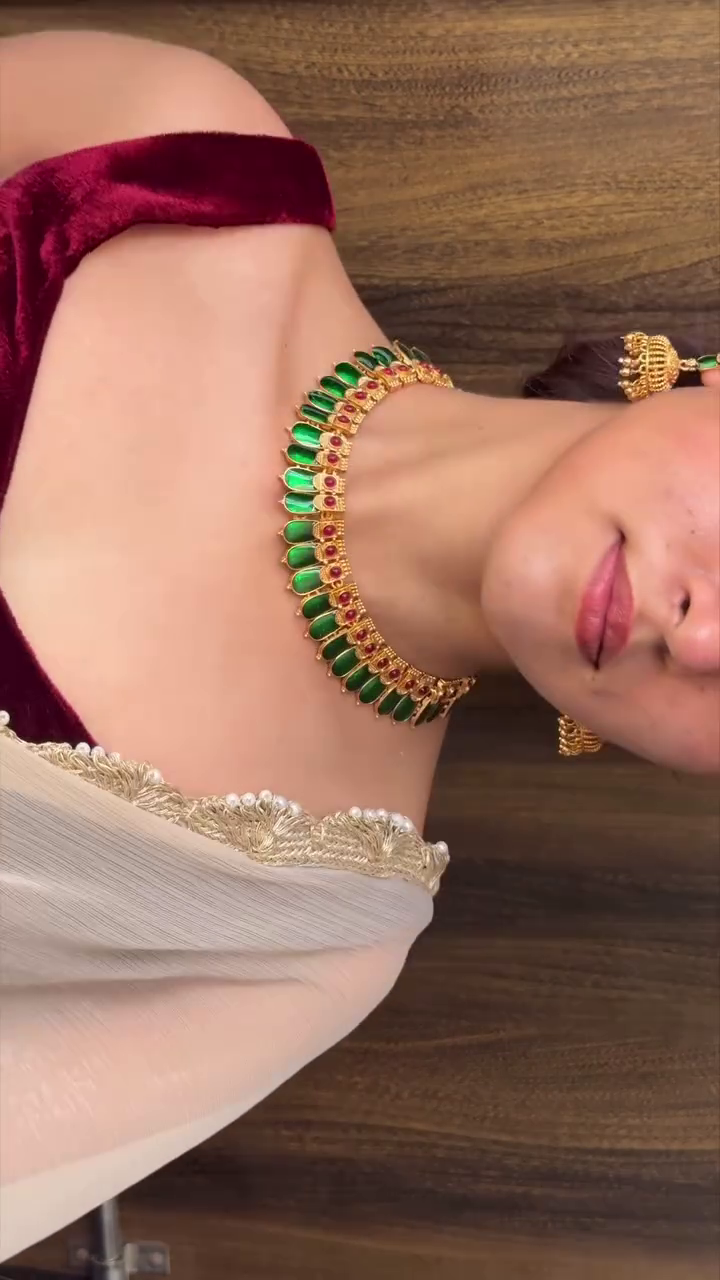 Elegant Traditional Temple Choker Necklace Set with Green & Red Stone Detailing - Image 4