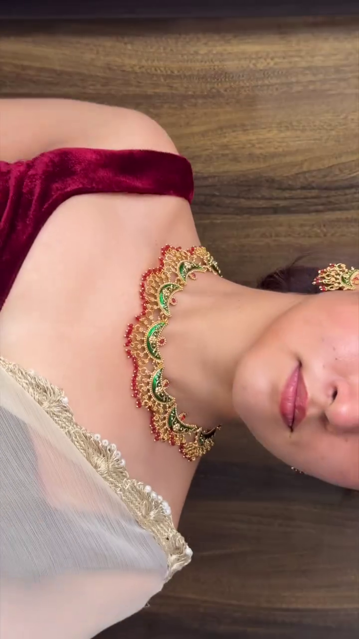 Elegant Traditional Temple Choker Necklace Set with Green & Red Stone Detailing - Image 3