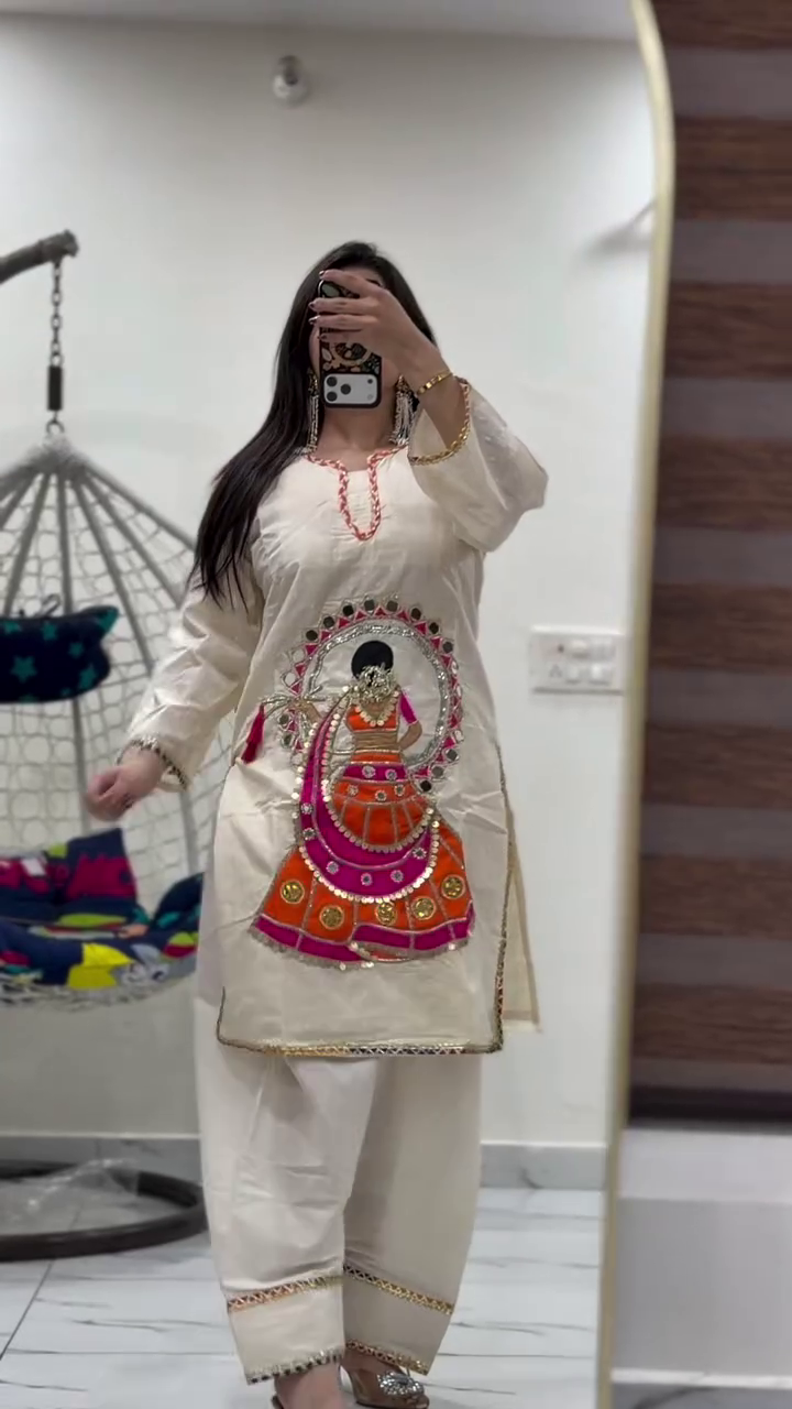 Women's Traditional Embroidered Cotton Kurta Pant Set | Ethnic Festive Wear with Handcrafted Mirror & Doll Work - Image 3
