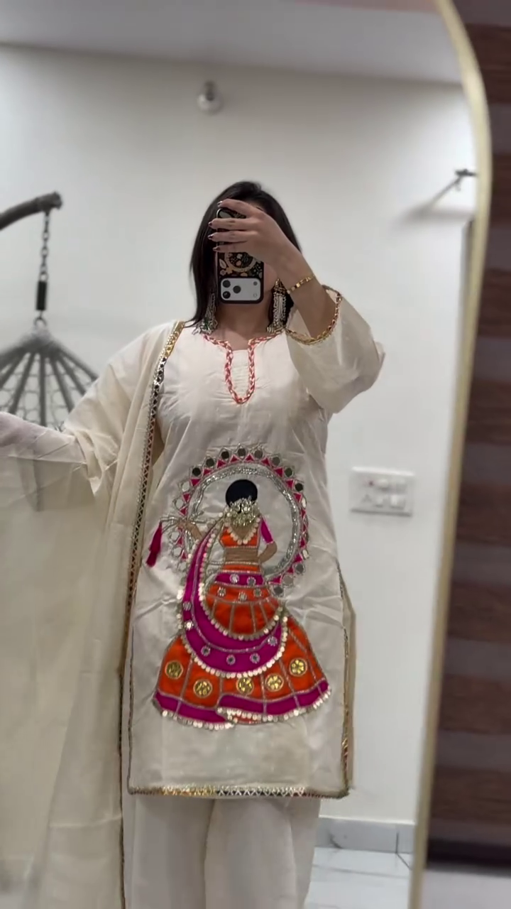 Women's Traditional Embroidered Cotton Kurta Pant Set | Ethnic Festive Wear with Handcrafted Mirror & Doll Work