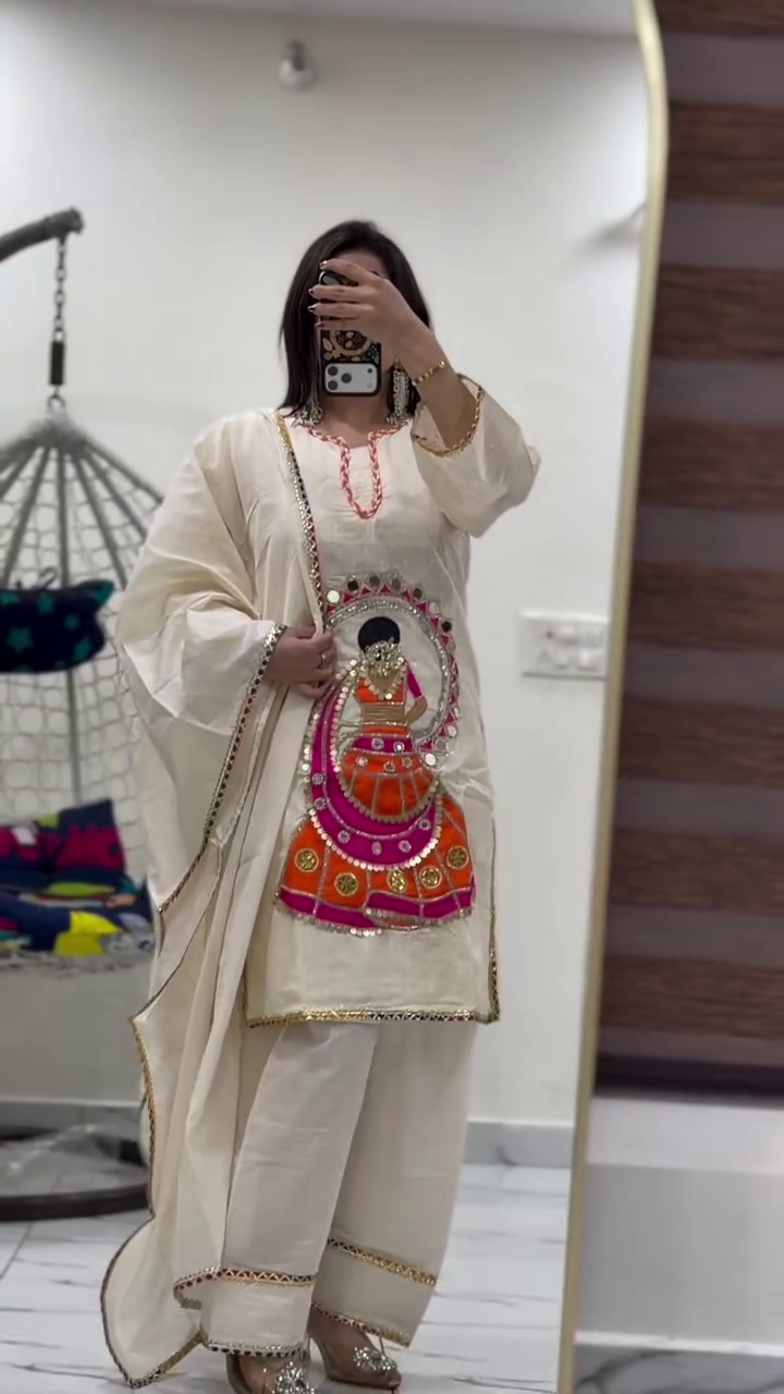 Women's Traditional Embroidered Cotton Kurta Pant Set | Ethnic Festive Wear with Handcrafted Mirror & Doll Work - Image 2