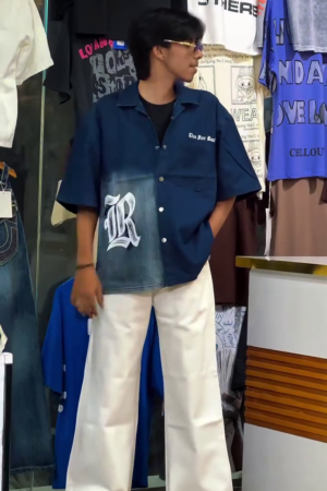 Men's Oversized Half Sleeve Denim Shirt | Vintage Washed Casual Streetwear Cotton Shirt