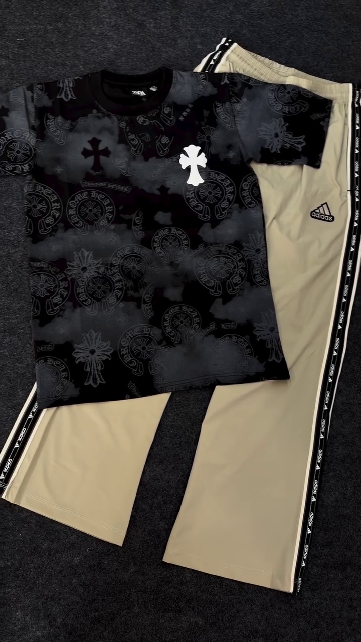 Men's Black Graphic T-Shirt & Beige Track Pants Set | Trendy Oversized Streetwear Outfit for Casual & Everyday Wear