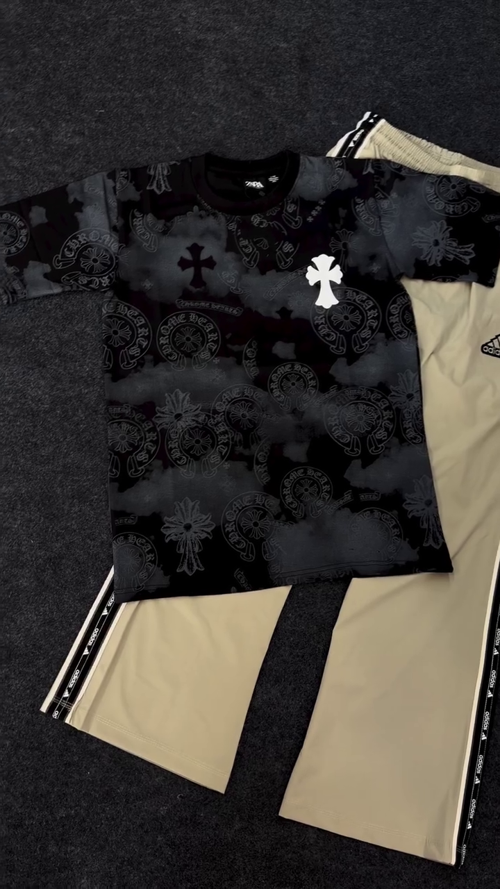 Men's Black Graphic T-Shirt & Beige Track Pants Set | Trendy Oversized Streetwear Outfit for Casual & Everyday Wear - Image 3