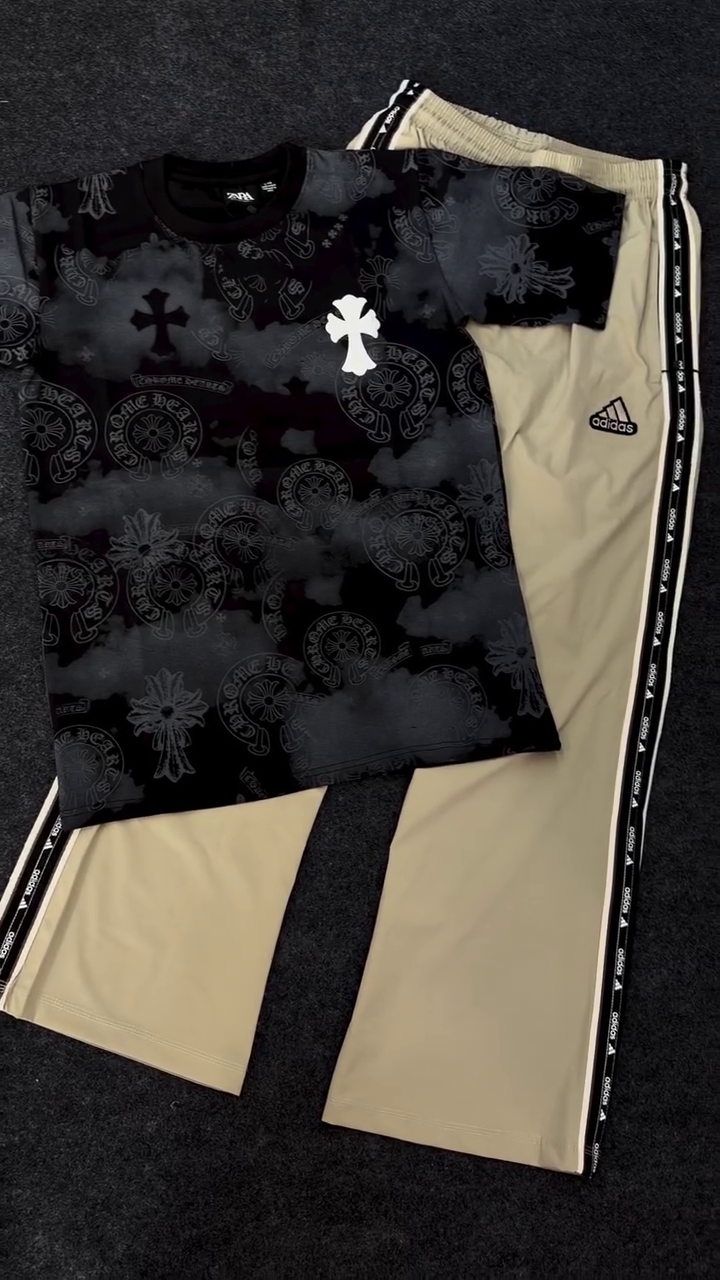 Men's Black Graphic T-Shirt & Beige Track Pants Set | Trendy Oversized Streetwear Outfit for Casual & Everyday Wear - Image 2