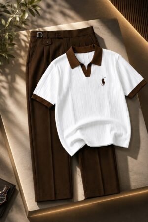 Elevate Your Everyday Style with a Premium White Ribbed Polo & Tailored Brown Trousers Set