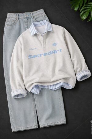 Elevate Your Everyday Wardrobe with a Premium Cream Polo Sweatshirt and Light-Wash Denim Set