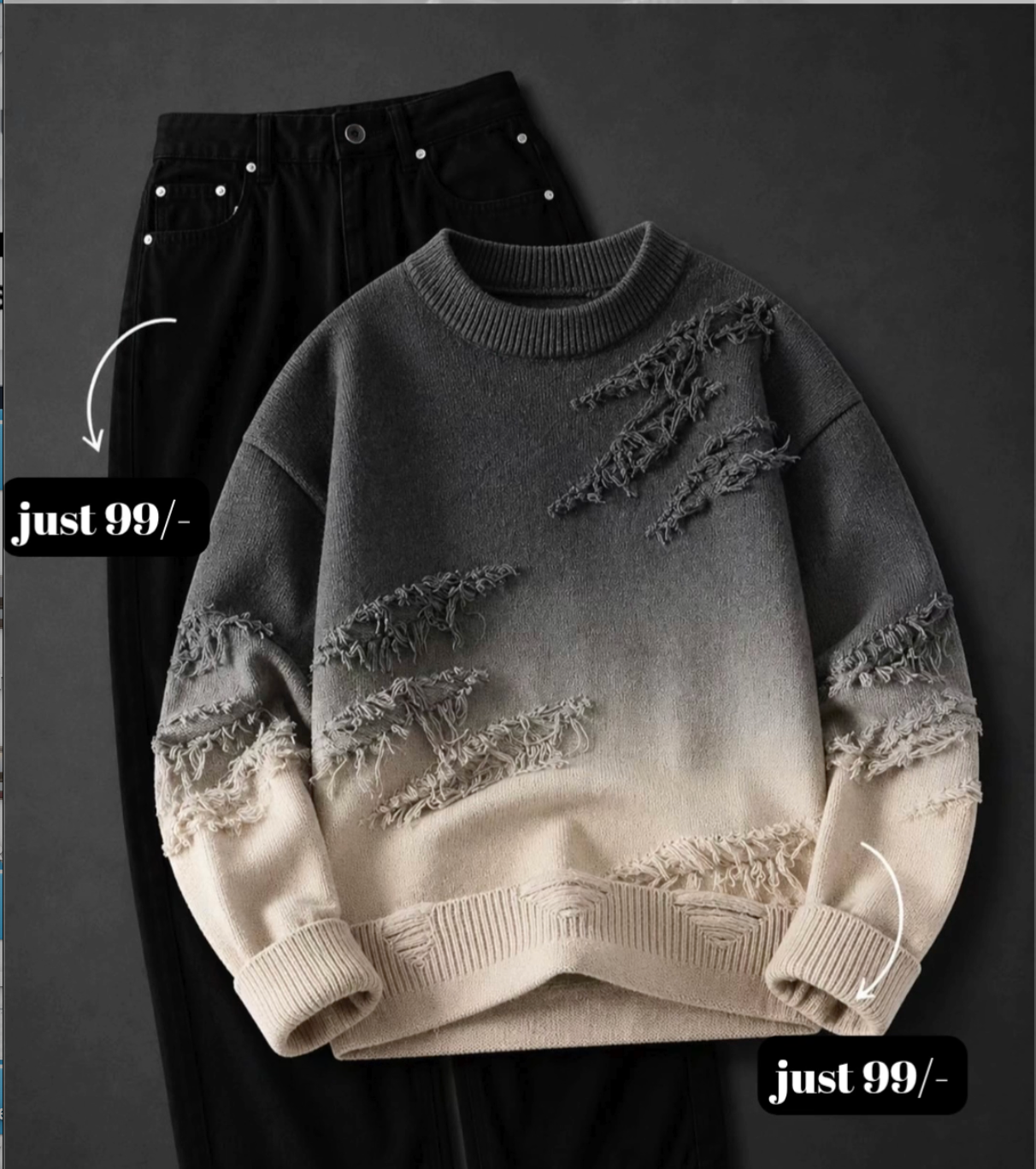 Elevate Your Streetwear Collection with a Stylish Gradient Distressed Sweater & Classic Black Denim Set - Image 4