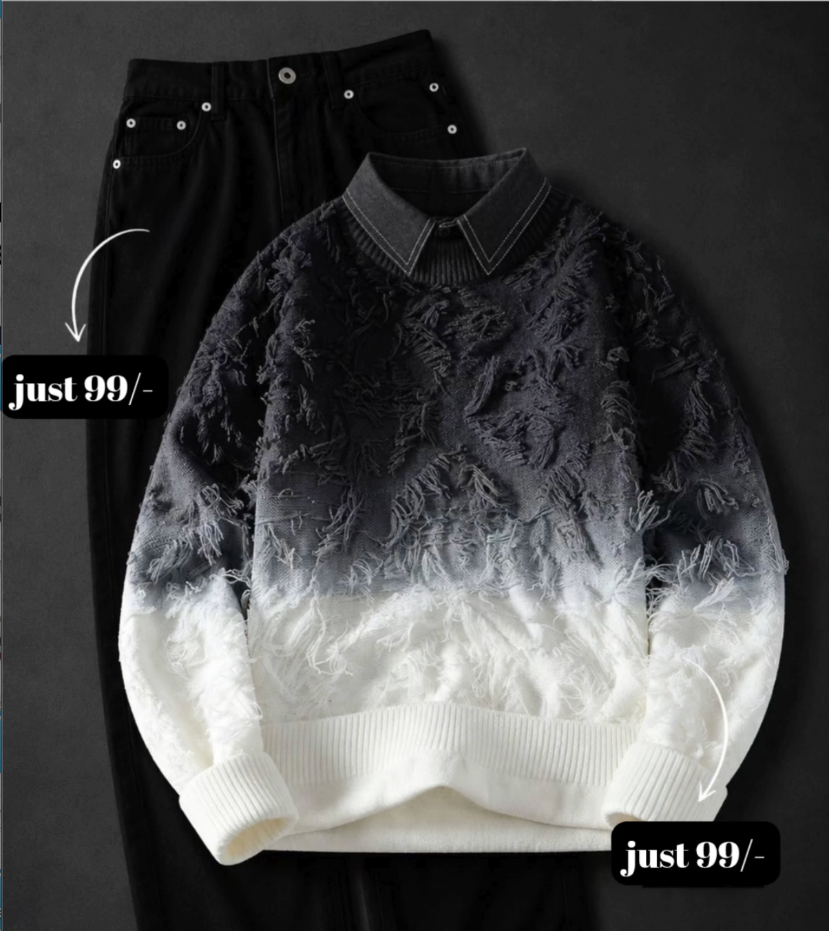 Elevate Your Streetwear Collection with a Stylish Gradient Distressed Sweater & Classic Black Denim Set - Image 3