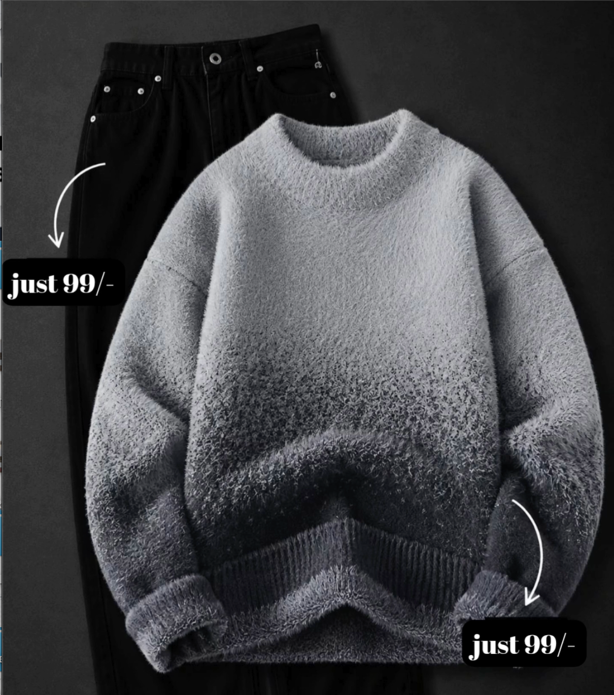 Elevate Your Streetwear Collection with a Stylish Gradient Distressed Sweater & Classic Black Denim Set - Image 2