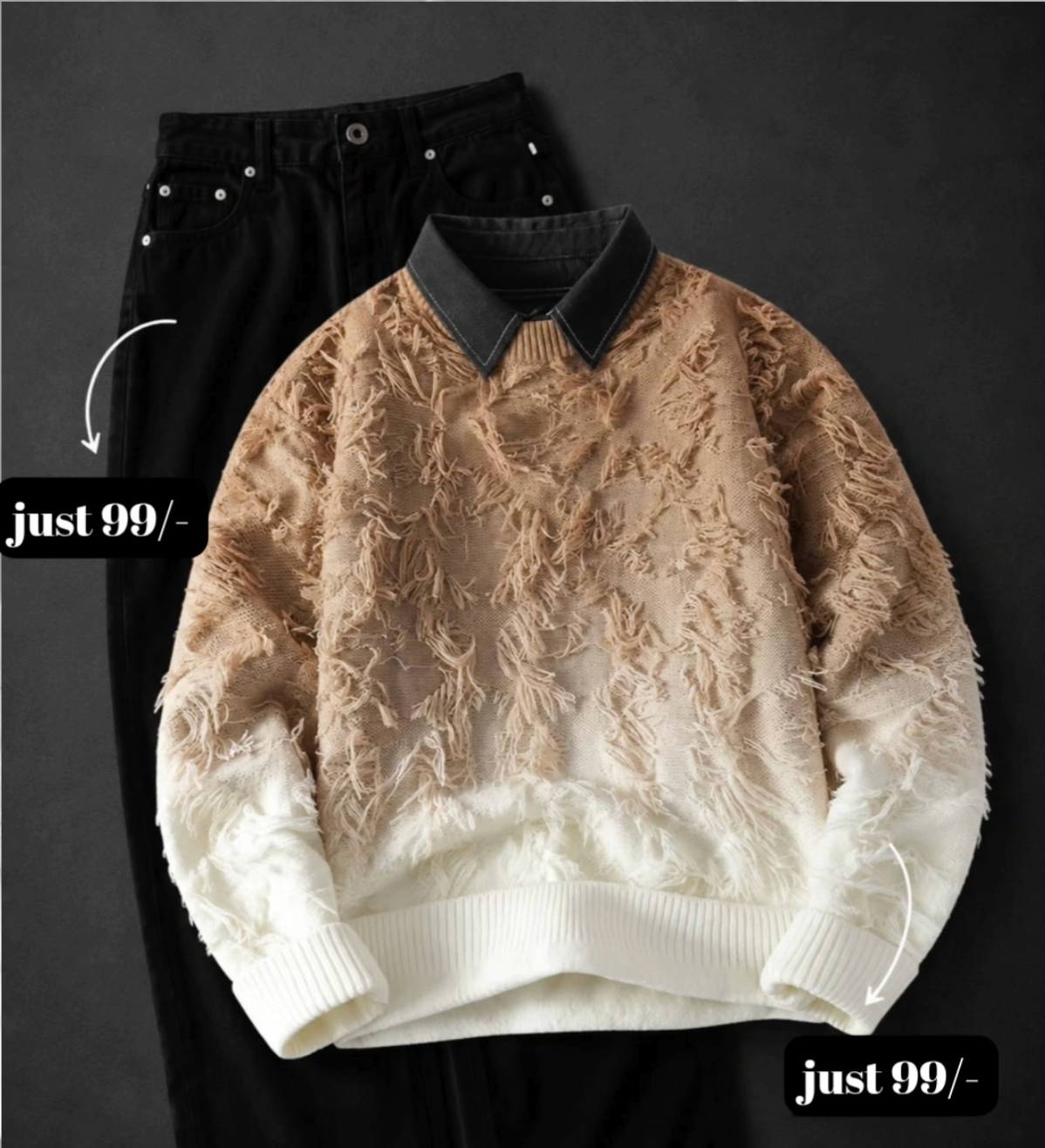 Elevate Your Streetwear Collection with a Stylish Gradient Distressed Sweater & Classic Black Denim Set - Image 6