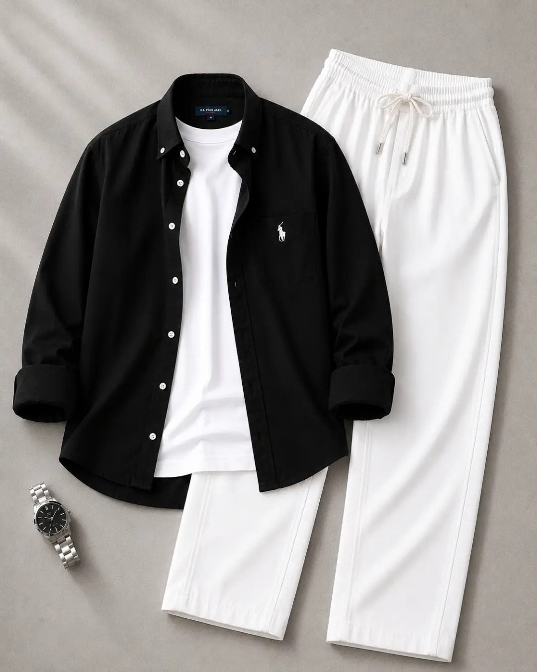 Elevate Your Everyday Wardrobe with a Premium White Shirt and Black Relaxed Trousers Set - Image 4