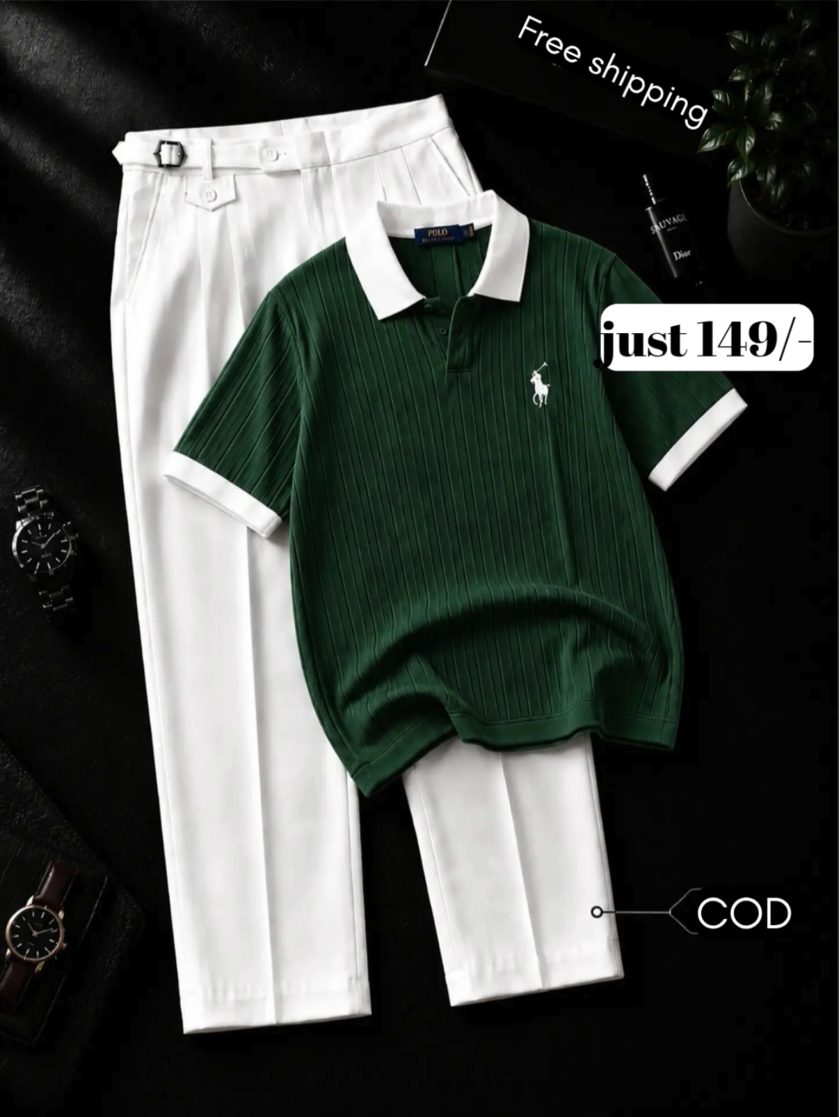 Timeless Black Polo Shirt with Crisp White Trousers – Effortless Premium Style for Every Occasion - Image 3