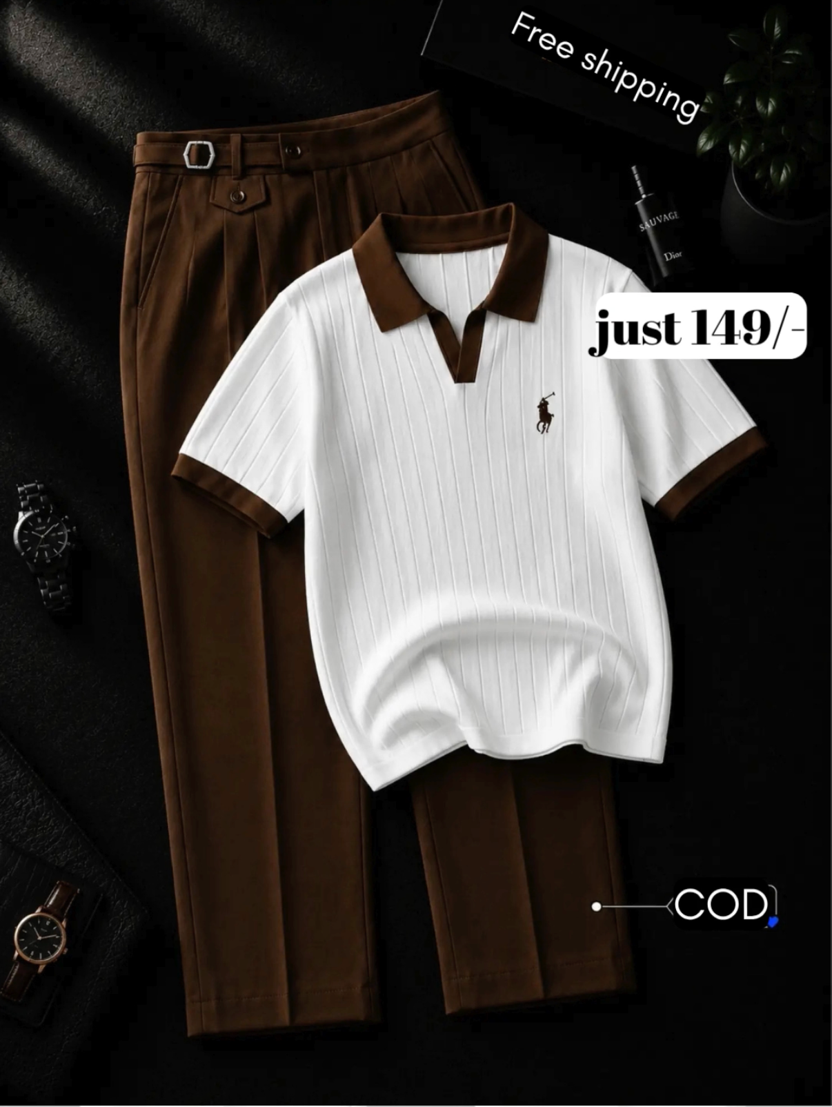 Timeless Black Polo Shirt with Crisp White Trousers – Effortless Premium Style for Every Occasion - Image 2