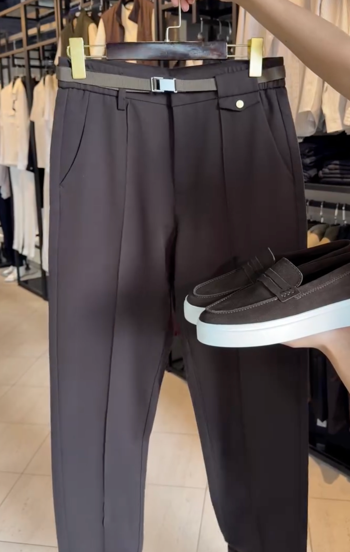 Modern Black Formal Trousers with Adjustable Belt and Sleek Loafer Pair for Refined Everyday Style - Image 3