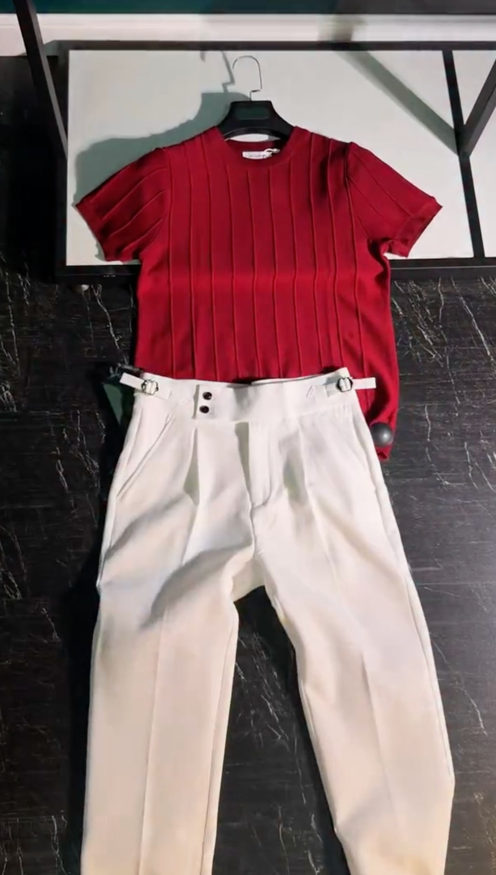 Bold Casual Streetwear Look with a Rich Red Polo T-Shirt, White Denim, Statement Sunglasses and Modern Watch - Image 4