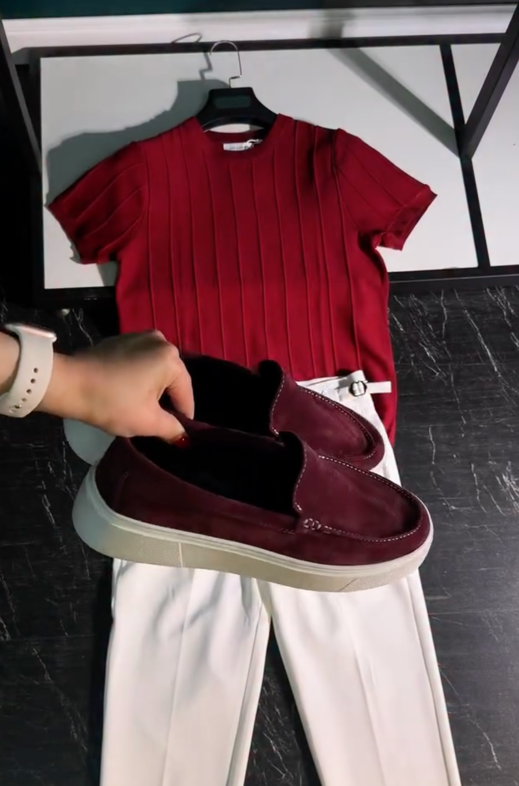 Bold Casual Streetwear Look with a Rich Red Polo T-Shirt, White Denim, Statement Sunglasses and Modern Watch - Image 3