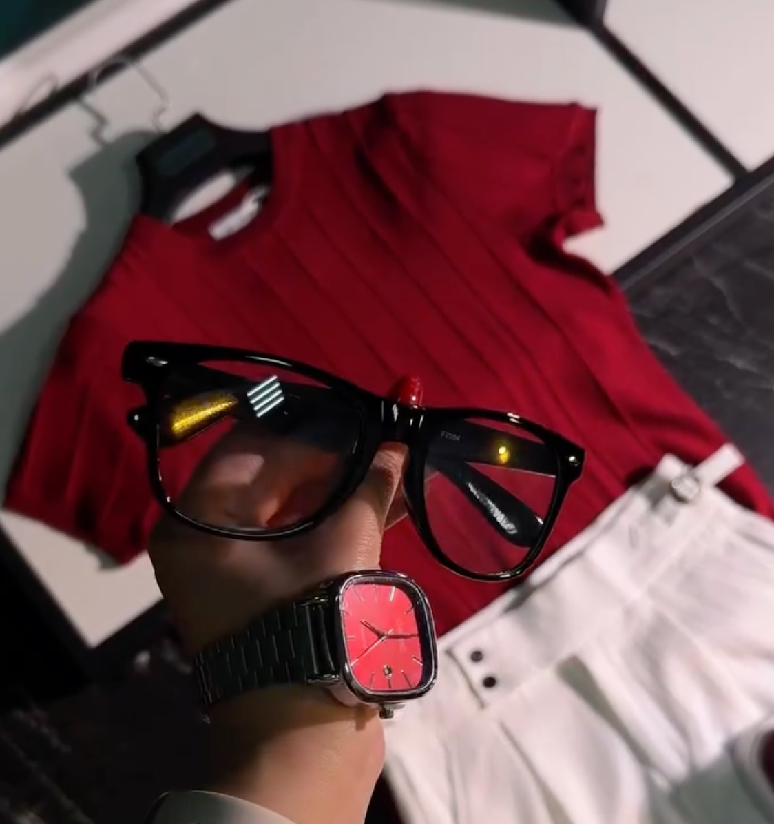 Bold Casual Streetwear Look with a Rich Red Polo T-Shirt, White Denim, Statement Sunglasses and Modern Watch - Image 2
